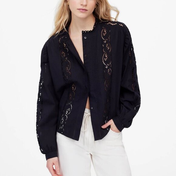 Madewell Lace Inset Pintucked Button Up Top Long Sleeves Black Size L NWT - Picture 1 of 8